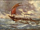 tableau représentant un bateau à voile rouge au milieu de l'océan