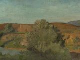 painting of a landscape with a river and mountains in the distance