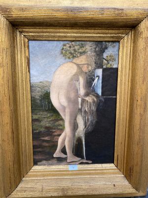 an oil painting of a nude woman with long hair in a gold frame