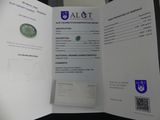 a picture of a brochure with a green stone on it