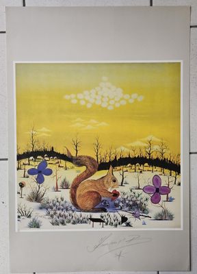 tableau représentant un chat allongé par terre dans un champ enneigé