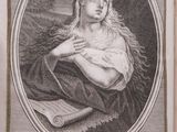 an old book with a drawing of a woman holding a scroll