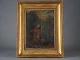 an oil painting of a man with a dog in a wooded setting