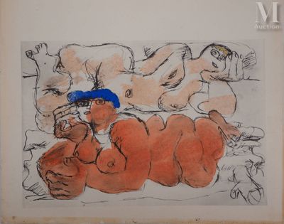 dessin représentant un groupe de nus allongés sur un canapé, avec un chapeau bleu