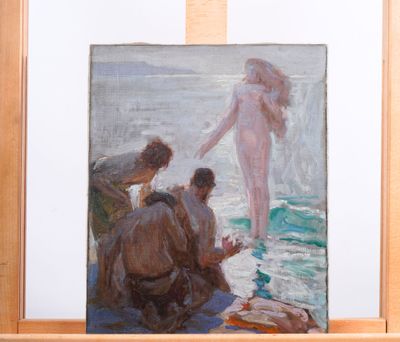 a painting of a woman standing in the water