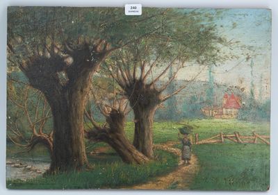 a painting of a man walking down a path in a field