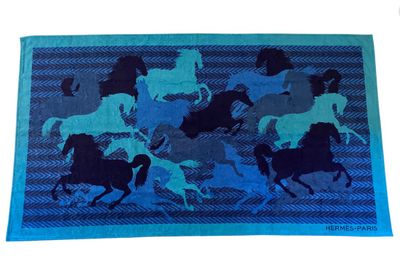 blue and black horse rug on white background with blue border