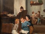 tableau représentant un groupe d'enfants assis par terre dans une pièce