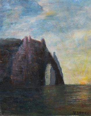 une peinture à l'huile représentant une formation rocheuse au milieu d'un plan d'eau