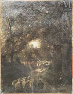 un vieux tableau représentant des moutons dans une zone boisée, avec une maison en arrière-plan
