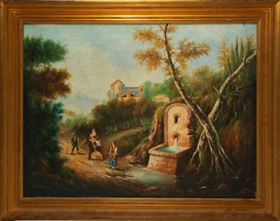 tableau représentant une scène de village avec un homme et une femme à cheval