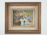an oil painting of a vase of flowers on a table