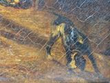 a painting of a dog that is walking in the dirt