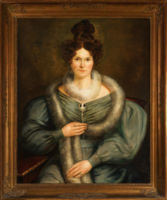 une peinture à l'huile représentant une femme en robe bleue, portant une étole en fourrure