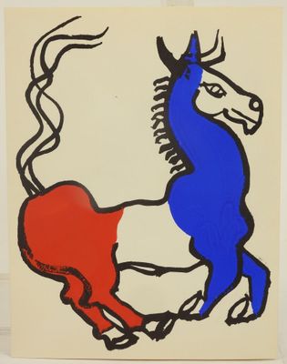 an image of a painting of two horses running in the same direction