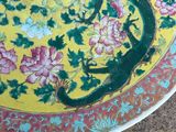 a yellow and green plate with a lizard on it