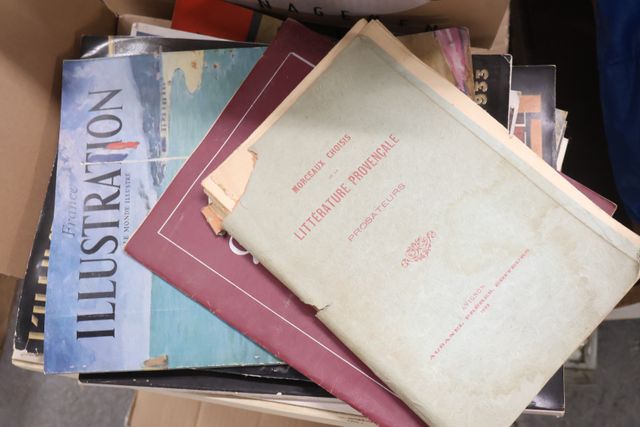 Lot de 2 cartons dont 3 albums de tintin, guide Michelin, ouvrage...