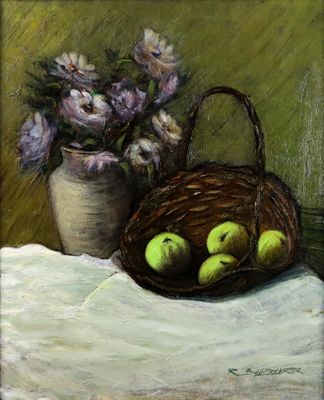 un tableau représentant un panier de pommes et de fleurs posé sur une table