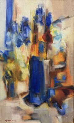 an oil painting of a vase with flowers in it on a table