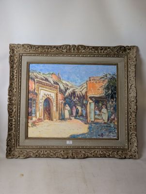 an image of a painting of a street scene in a gold frame
