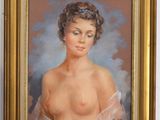 an oil painting of a woman in a white dress is hanging on a wall