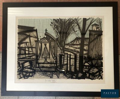 une image représentant un dessin d'un bâtiment avec un arbre au premier plan