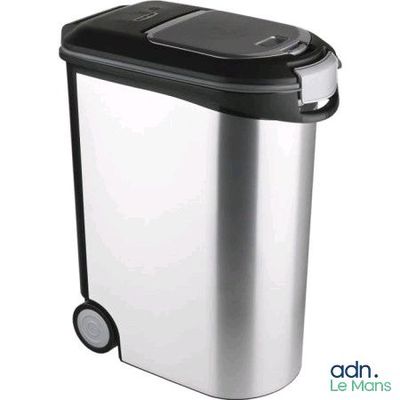 a close up of a trash can with wheels on a white background