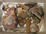 une boîte remplie de cailloux et de pierres posée sur une table