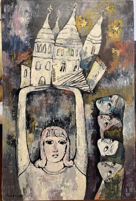 a painting of a woman with a castle on her head