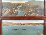 two pictures of a view of a town and a body of water