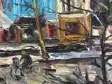 an oil painting of a bus on a snowy street in a city