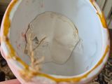 a person holding a dirty cup in their hand
