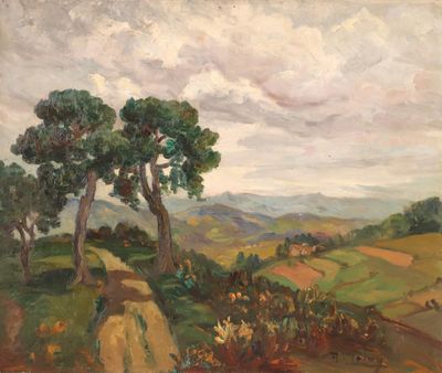 une image représentant un tableau représentant un paysage avec des arbres et des collines