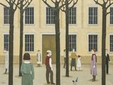 une peinture représentant un groupe de personnes devant un bâtiment