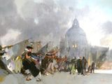 une peinture représentant un groupe de personnes marchant dans la rue