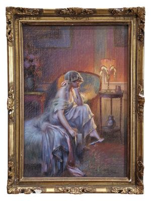 painting of a woman sitting on a chair in a room next to a lamp