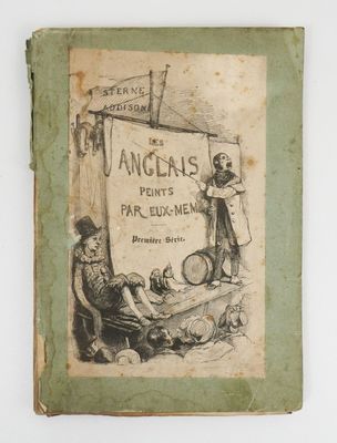 an old book with a drawing of a man and a woman in front of a sign