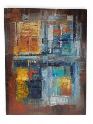 une peinture abstraite représentant un paysage urbain dans des tons de bleu, d'orange et de jaune