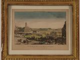 painting of a view of a town with a church and a crowd of people