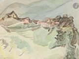 une aquarelle représentant une petite ville située sur une colline