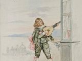 dessin représentant un jeune garçon jouant de la guitare devant une fenêtre