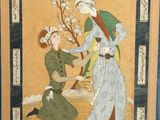 an old painting of a man and a woman in a garden