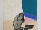 an abstract painting with blue, pink, and green shapes on a white surface