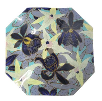 a picture of a blue and yellow plate with birds on it