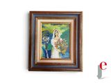 un tableau représentant une femme tenant un bouquet de fleurs
