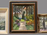 three framed paintings of trees and a path in a park