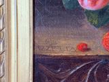 an oil painting of peachs and strawberries in a vase on a table