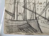 a drawing of a boat in the water with a building in the background