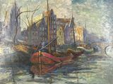 une peinture représentant une scène portuaire avec des bateaux dans l'eau