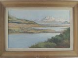tableau représentant un lac avec des montagnes en arrière-plan et un bateau sur l'eau